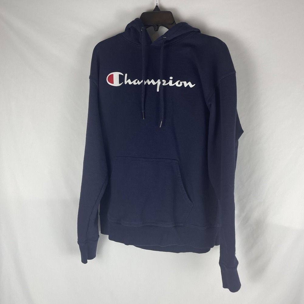 Champion Hoodie Blue Spellout Cotton Pullover Kangaroo Pocket Men's L Navy
